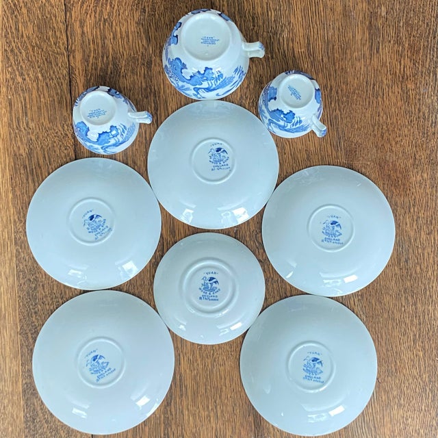 Chinoiserie Antique Wood & Sons "Yuan" Pattern Blue and White Transferware Coffee & Tea Set - Mixed Demitasse and Teacup 9 pcs For Sale - Image 3 of 16
