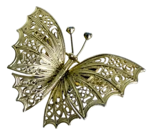 Vintage 1960s Art Nouveau Revival Gold Tone Filigree Butterfly Brooch With Blue Rhinestone Accents