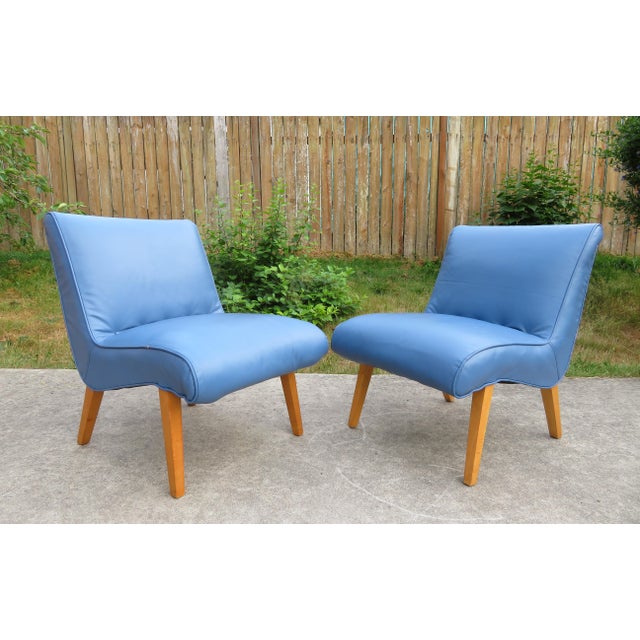 Mid-Century Modern Mid Century 1950's Pair of Jens Risom Scoop Lounge Chairs in Blue Leather ~ Knoll For Sale - Image 3 of 15