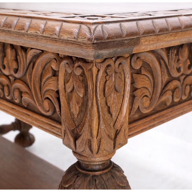 Heavily Fine Carved Oak Small Partners Desk Console Writing Table Mint For Sale - Image 14 of 18