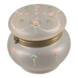 Early 20th Century Antique Victorian Frosted Glass Painted Enamel Dresser Box With Hinged Lid For Sale