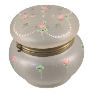 Early 20th Century Antique Victorian Frosted Glass Painted Enamel Dresser Box With Hinged Lid