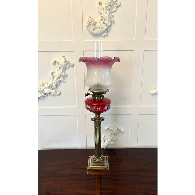 Gold Antique Victorian Brass Oil Lamp with Cranberry Glass Font and Corinthian Column, 1860 For Sale - Image 8 of 8