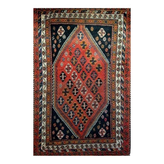 Vintage Persian Qashqai Tribal Area Rug, Hand-Knotted Wool, Geometric Pattern, 5x7, Rust & Navy For Sale