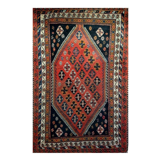 Vintage Persian Qashqai Tribal Area Rug, Hand-Knotted Wool, Geometric Pattern, 5x7, Rust & Navy For Sale