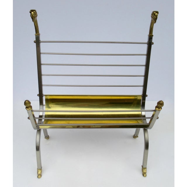 Maison Jansen Vintage C.1970's Italian Maison Jansen Polished Brass and Satin Nickel Ram Head & Hoofed Magazine Rack/Holder For Sale - Image 4 of 13