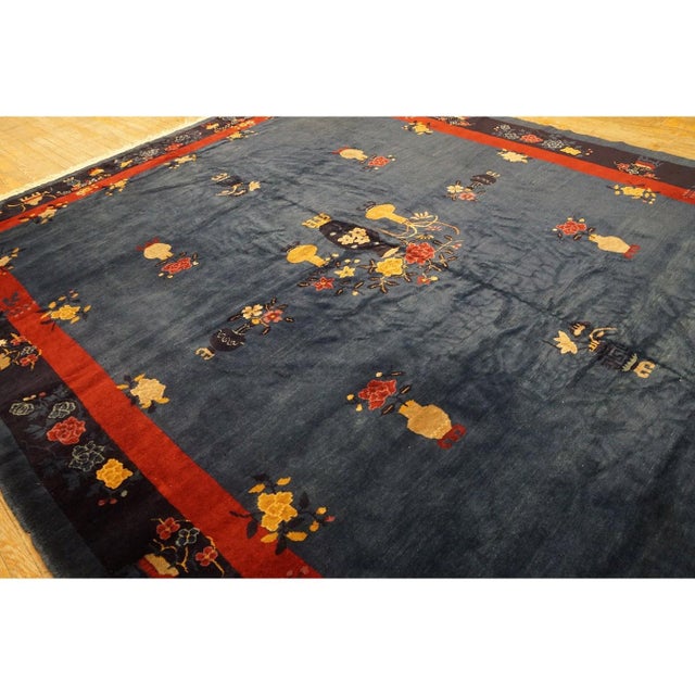 1920s Blue Vase Floral Antique Chinese Peking Rug 9' 1'' X11' 6'' Knotted Wool For Sale - Image 9 of 11