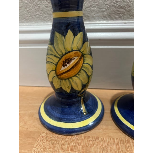 Italian Vintage Italian Ceramic Sunflower Candlesticks -Pair For Sale - Image 3 of 5