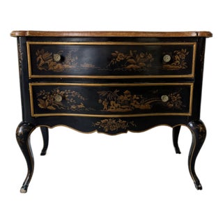 Vintage Drexel Asian Chinoiserie Black & Gold Motif Two Drawer Nightstand - Brass Handles For Sale