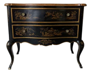 Vintage Drexel Asian Chinoiserie Black & Gold Motif Two Drawer Nightstand - Brass Handles