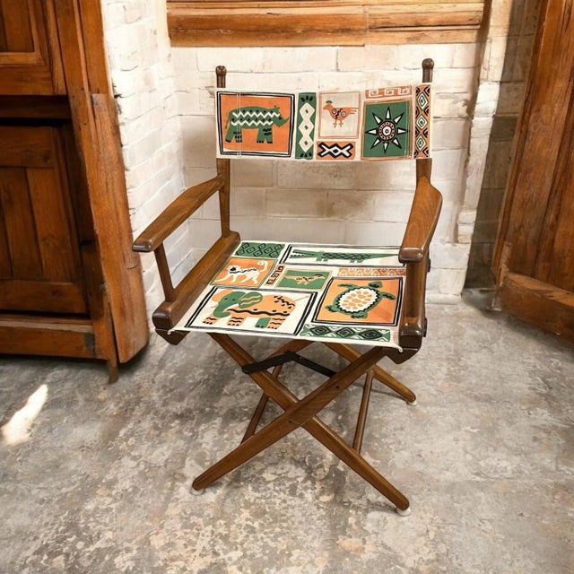 Mid 20th Century Walnut Directors Chair FoldingCongo Bongo Canvas Textile For Sale - Image 5 of 12