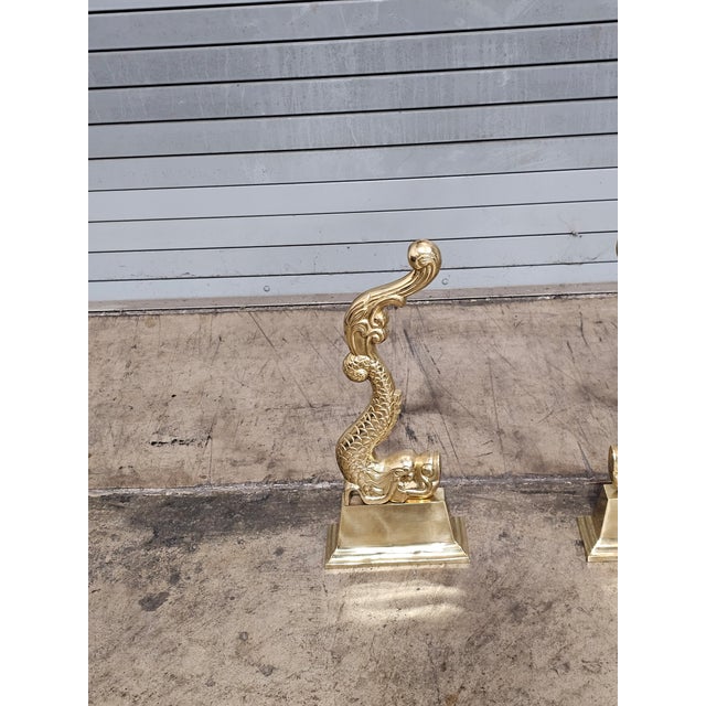 Rococo Late 20th Century Virginia Metalcrafters Pair of Brass Dolphin Andirons For Sale - Image 3 of 13