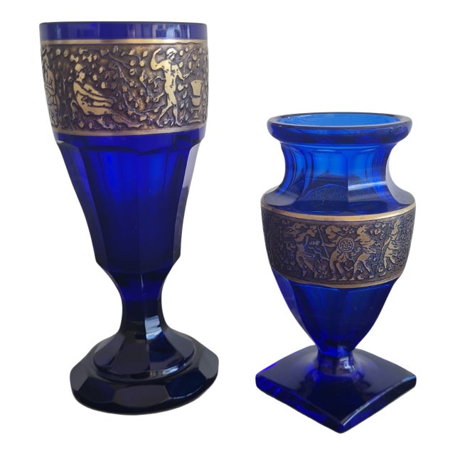 Cobalt Saphir Glass Pieces with Acid-Etched Gilt Classical Frieze by Karlsbad Karlovy Vary and Ludwig Moser & Sons, Czechoslovakia, 1920s, Set of 2 For Sale