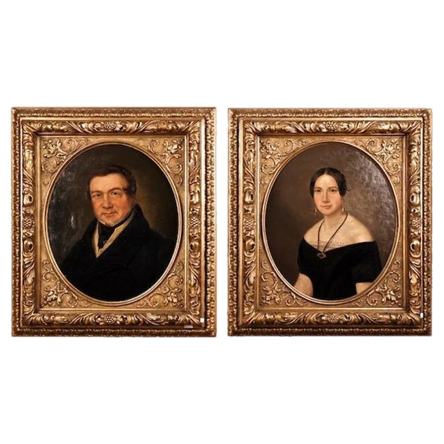 Biedermeier Artist, Portrait of a Couple, 19th Century, Oil on Canvas Paintings, Framed, Set of 2 For Sale