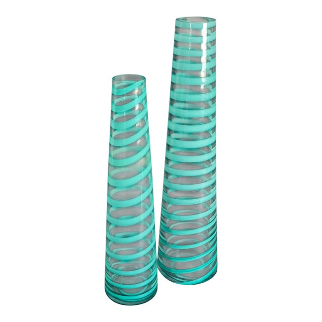 Mid 20th Century Modern Retro Pair Bud Vases Art Glass Turquoise Blue Spiral 12'' & 10'' High For Sale