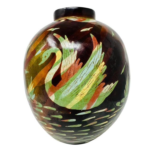 1990s Large Vintage Peruvian Chulucanas Smoked Pottery Swan Sphere Vase For Sale - Image 5 of 12