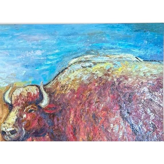 Wood Late 20th Century Oversized Mid-Century Western Expressionist Bison Buffalo Original Impasto Oil Painting Gallery Wrap Canvas For Sale - Image 7 of 12