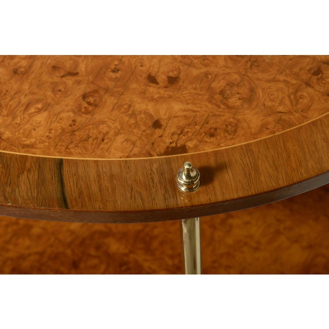 Wood Italian 3 Tier Oval End Table on Casters in Burl Wood & Brass For Sale - Image 7 of 14