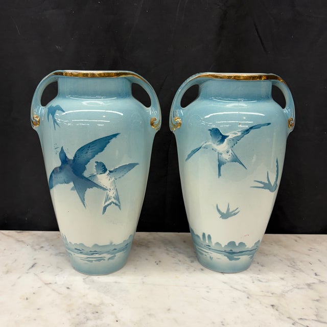 19th Century French Faience Three-Piece Vase and Jardinière Set With Swallows by Keller and Guerin For Sale - Image 4 of 16