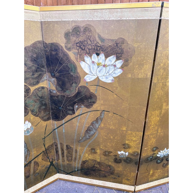 Vintage Japanese Byobu With Painted Lotus Flowers 4 Panels Folding Screen For Sale - Image 15 of 16