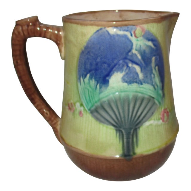 Antique 1800s Majolica Chinese Fan Design Pitcher For Sale