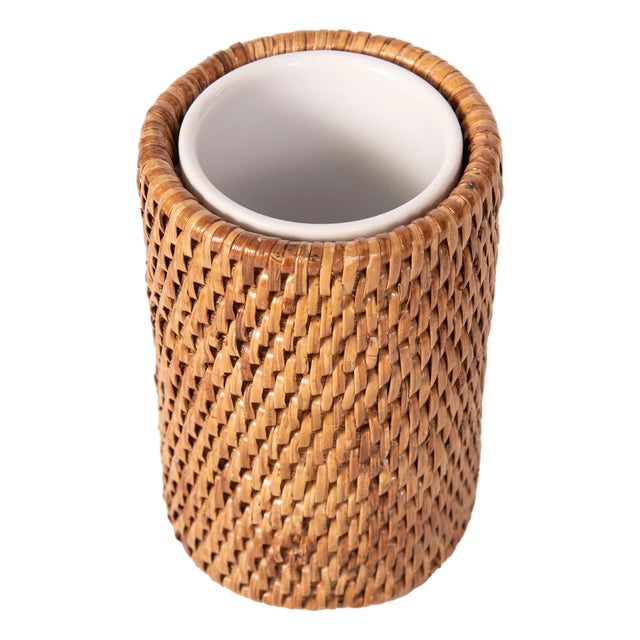 Artifacts Rattan Round Tumbler with Ceramic Insert, Honey Brown For Sale