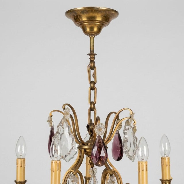 Large Louis XV Style Cage Chandelier with Crystal Pendants and Amethyst Drops, 1950 For Sale - Image 4 of 18