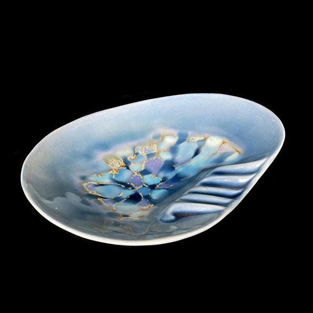 Vintage Madeline California Pottery Porcelain Blue Iridescent Candy Dish Bowl For Sale - Image 4 of 13