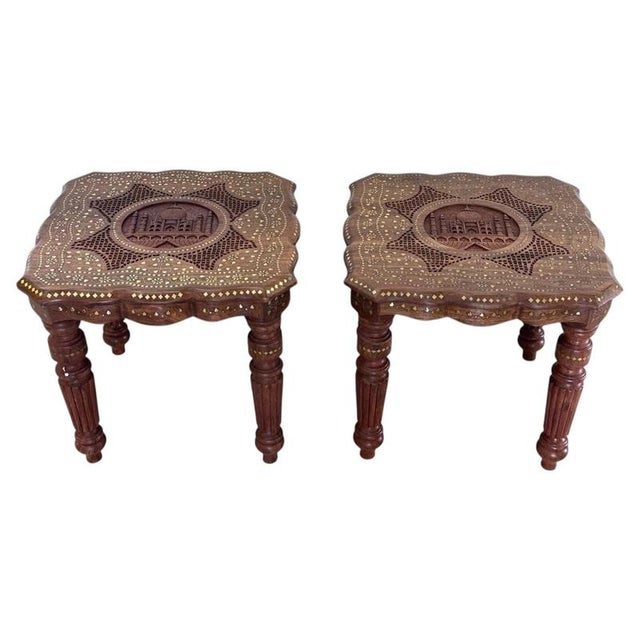 Anglo-Indian Rosewood Taj Mahal Carved and Brass Inlaid Side Tables, Set of 2 For Sale - Image 6 of 6