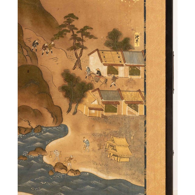 Japanese Village Landscape Scene Byobu Screen, 19th Century For Sale - Image 10 of 13
