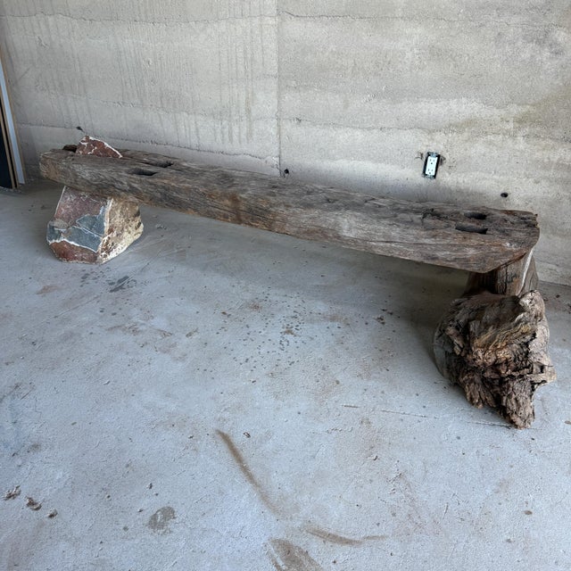 1900 - 1909 Primitive Mesquite Wood and Stone Bench Curated by Ambianic For Sale - Image 5 of 7