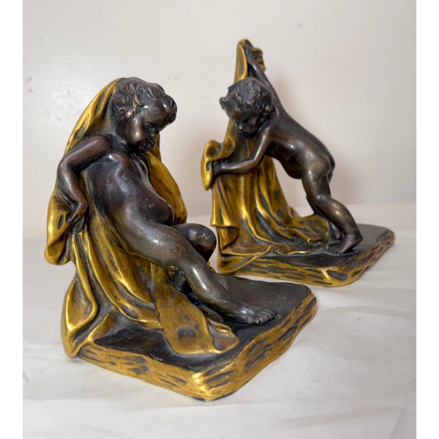 Metal Pair of Antique 1800's Sterling Bronze Co Cherub Putti Ormolu Patinated Bookends For Sale - Image 7 of 17