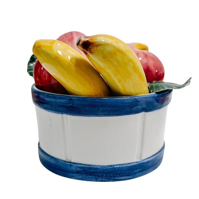 1990s Italian Glazed Ceramic Apples & Bananas Basket Topiary Centerpiece for Gumps San Francisco For Sale - Image 9 of 10