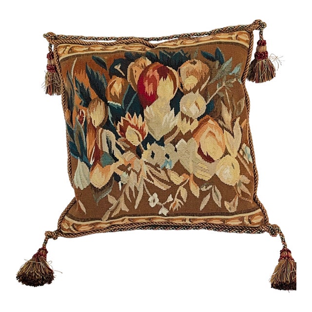 Antique Belgian Wool Tapestry Pillow With Tassels Feather Down For Sale