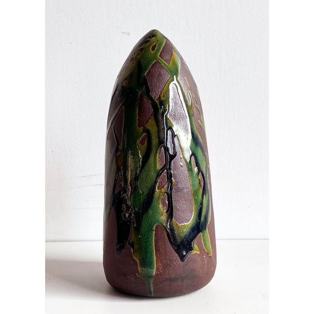Brutalist Studio Pottery Sculpture With Dripped Green and Black Glaze For Sale - Image 4 of 5