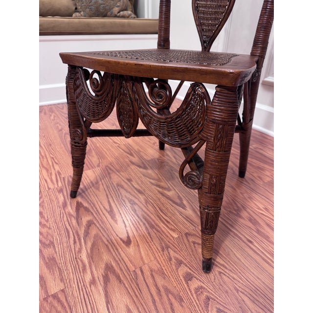 Victorian Antique Art Nouveau "Fleur De Lis" Wicker & Cane Solid Wood Accent Chair in the Style of Heywood-Wakefield For Sale - Image 3 of 12