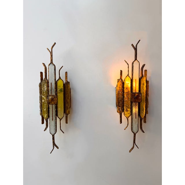 Longobard Pair of Hammered Glass Wrought Iron Sconces by Longobard, Italy, 1970s For Sale - Image 4 of 12