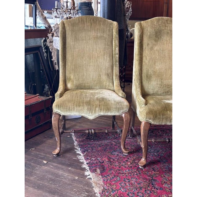 Elegant pair of cotton velvet, celadon green slipper chairs from Ethan Allen with Queen Anne style, wood legs. Excellent...