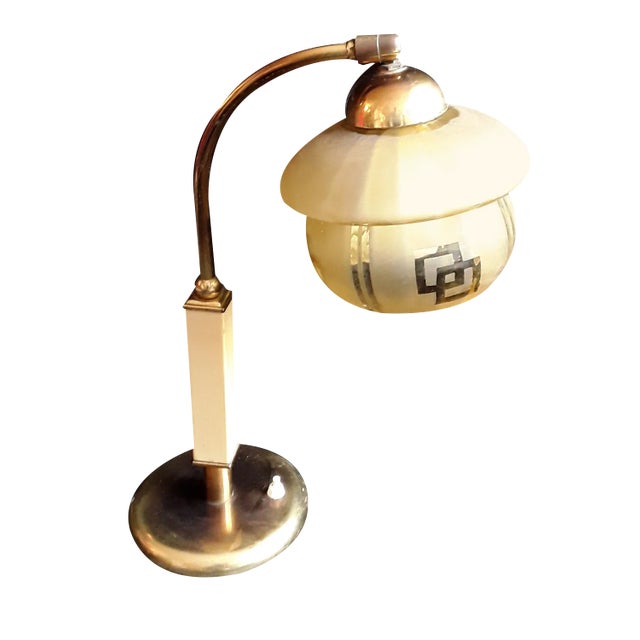 Vintage Art Deco Brass Frame with Cream Colored Plastic and Glass shade Adjustable Desk Lamp, 1930s For Sale