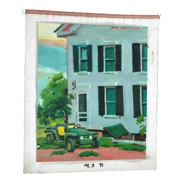Green Tractor in Front of White House Original Oil Painting For Sale