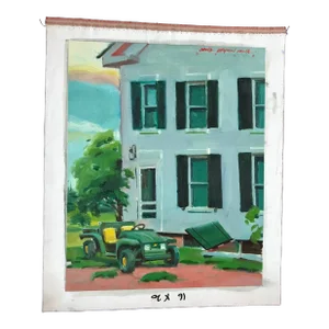 Green Tractor in Front of White House Original Oil Painting
