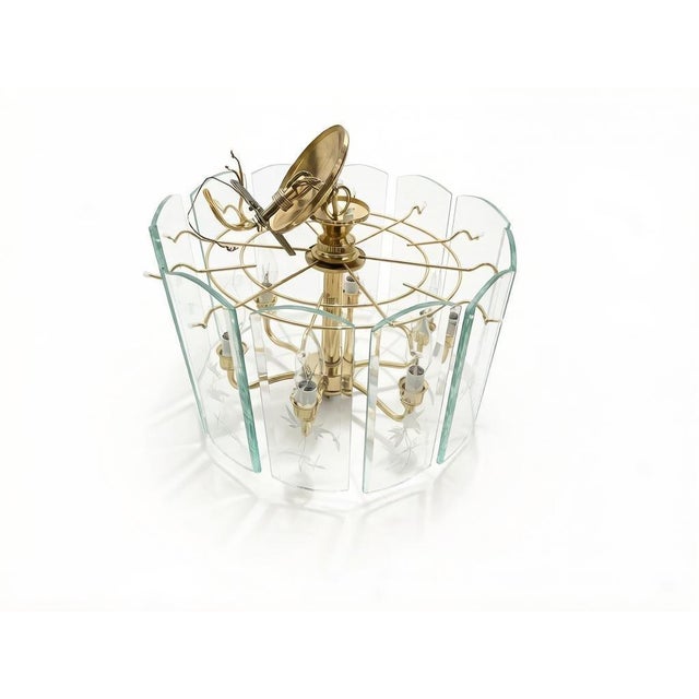 Mid 20th Century Mid-Century Modern 6 Light Etched Glass Panels Maple Leaf Design Chandelier For Sale - Image 4 of 8