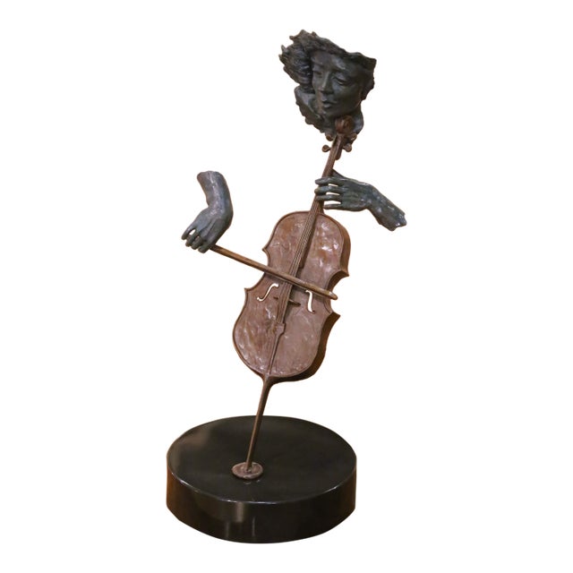 1980 Paul Fairley Bronze Abstract Cellist Sculpture on Marble Base For Sale