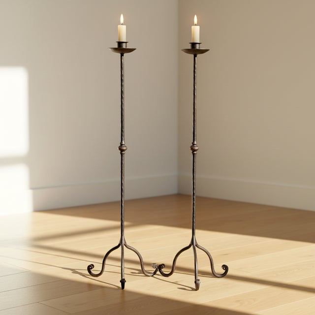 Rustic Hand Forged Iron Candelabra Pair (105cm) Antique Copper Hammered Stem with Socket and Drip Plate For Sale - Image 3 of 7