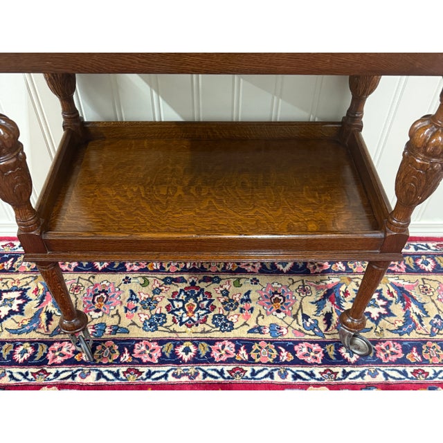 Antique English Trolley Tea Cart Pastry Cocktail Bar Cart Tray Tudor Oak 1930s For Sale - Image 14 of 15