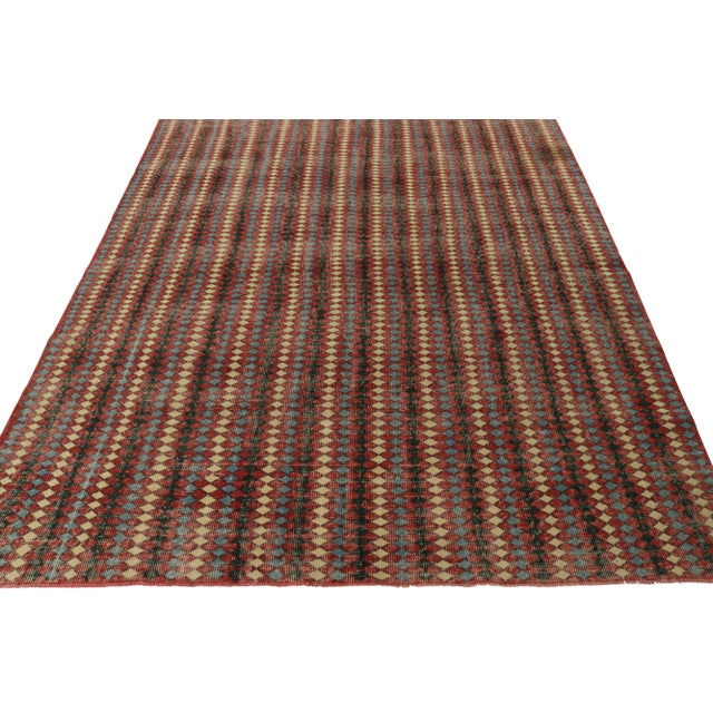 Shabby Chic Vintage Zeki Muren Rug in Beige,Red,Blue,Green Geometric Pattern For Sale - Image 3 of 5