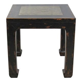 Marble Top Square and Distressed Black Vintage Accent or Side Table, 25"h For Sale