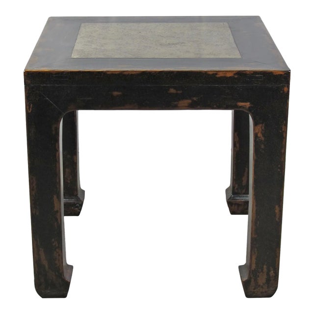 Marble Top Square and Distressed Black Vintage Accent or Side Table, 25"h For Sale
