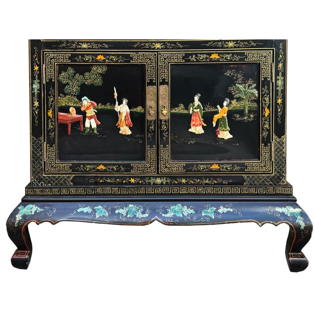 Vintage Chinoiseries Black & Stone Inlay Graphic Credenza Storage Cabinet For Sale - Image 4 of 12