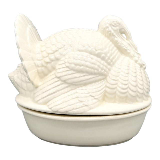 Vintage Ceramic Turkey Tureen Covered Dish – White Glazed Thanksgiving Centerpiece For Sale